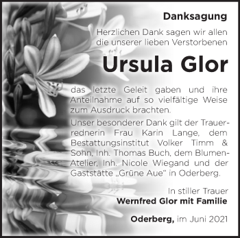 Traueranzeige von Ursula Glor von Märkische Oderzeitung