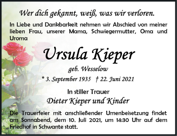 Traueranzeige von Ursula Kieper von Märkische Oderzeitung