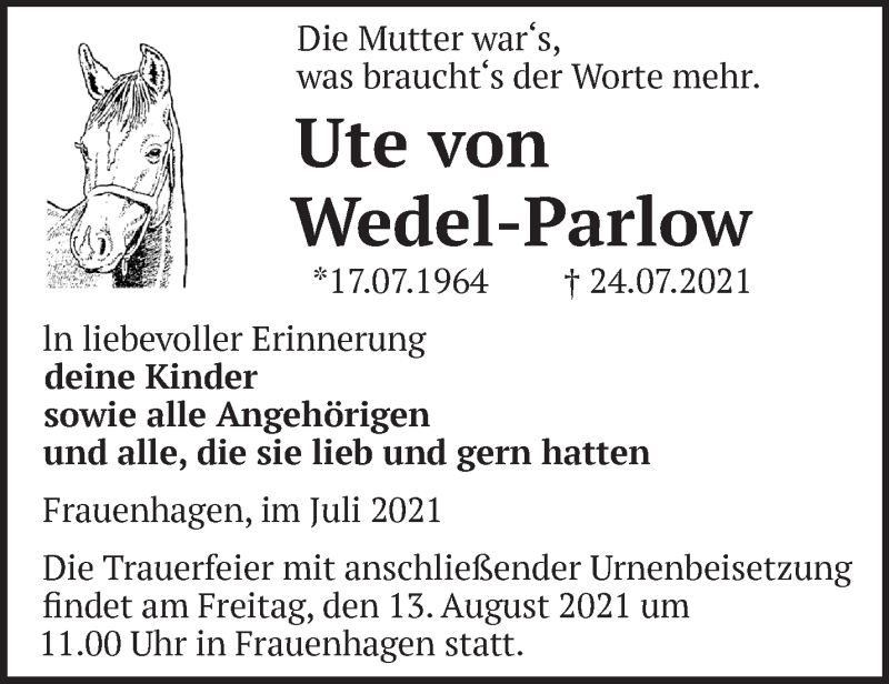  Traueranzeige für Ute von Wedel-Parlow vom 31.07.2021 aus Märkische Oderzeitung