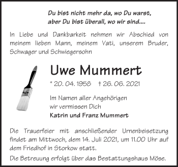 Traueranzeige von Uwe Mummert von Märkische Oderzeitung