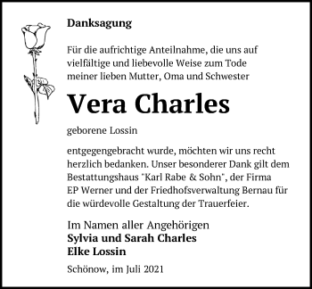 Traueranzeige von Vera Charles von Märkische Oderzeitung