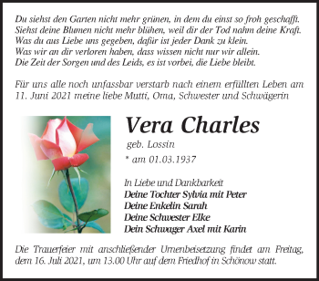 Traueranzeige von Vera Charles von Märkische Oderzeitung