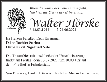 Traueranzeige von Walter Hörske von Märkische Oderzeitung