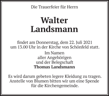 Traueranzeige von Walter Landsmann von Märkische Oderzeitung