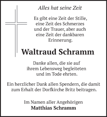 Traueranzeige von Waltraud Schramm von Märkische Oderzeitung