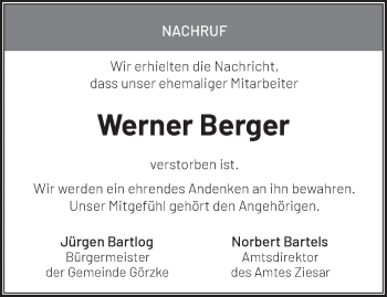 Traueranzeige von Werner Berger von Märkische Oderzeitung