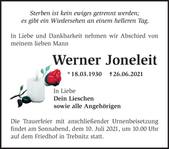 Traueranzeige von Werner Joneleit von Märkische Oderzeitung