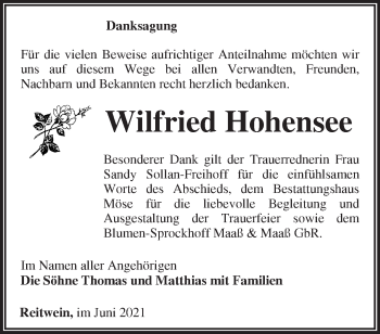 Traueranzeige von Wilfried Hohensee von Märkische Oderzeitung