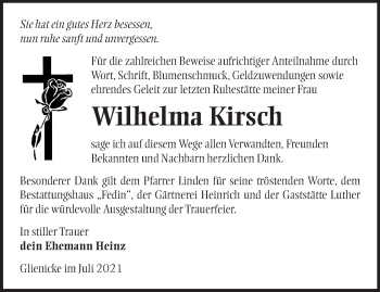 Traueranzeige von Wilhelma Kirsch von Märkische Oderzeitung