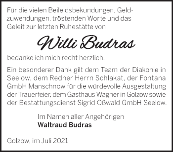 Traueranzeige von Willi Budras von Märkische Oderzeitung