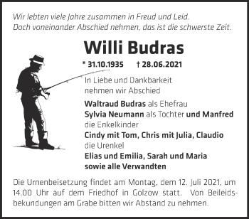 Traueranzeige von Willi Budras von Märkische Oderzeitung