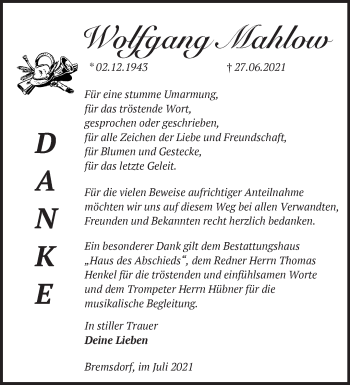 Traueranzeige von Wolfgang Mahlow von Märkische Oderzeitung