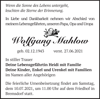 Traueranzeige von Wolfgang Mahlow von Märkische Oderzeitung