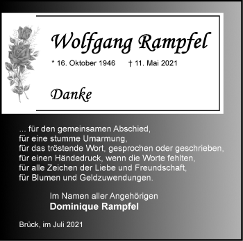 Traueranzeige von Wolfgang Rampfel von Märkische Oderzeitung