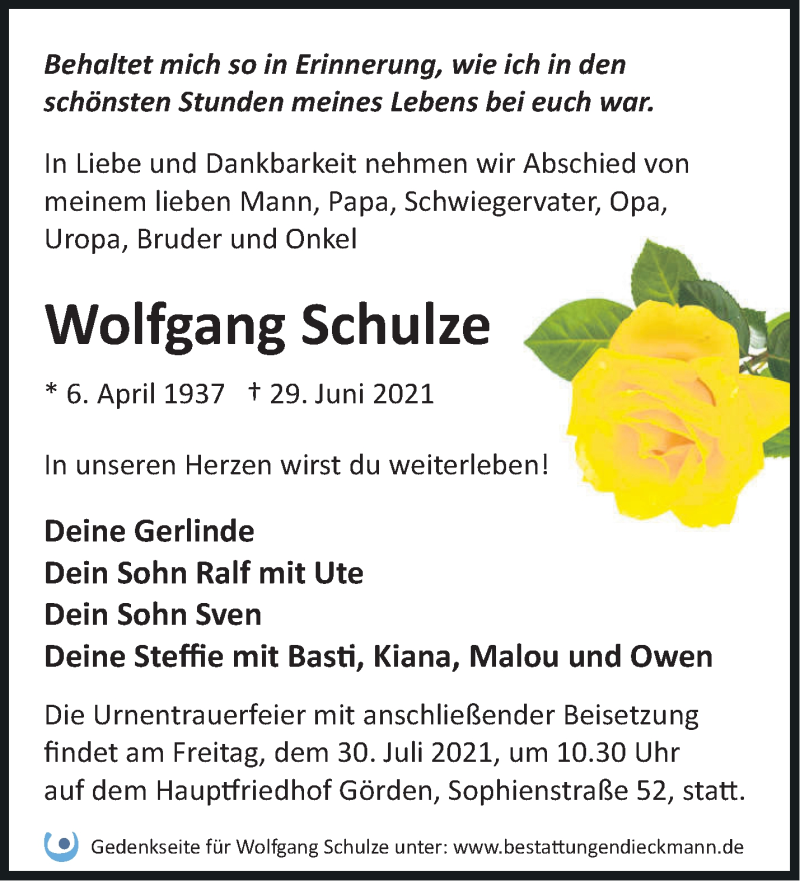  Traueranzeige für Wolfgang Schulze vom 11.07.2021 aus Märkische Oderzeitung