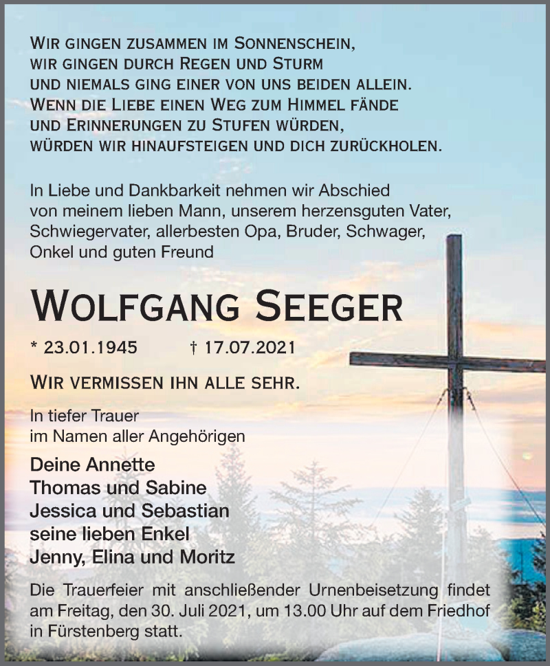  Traueranzeige für Wolfgang Seeger vom 22.07.2021 aus Märkische Oderzeitung