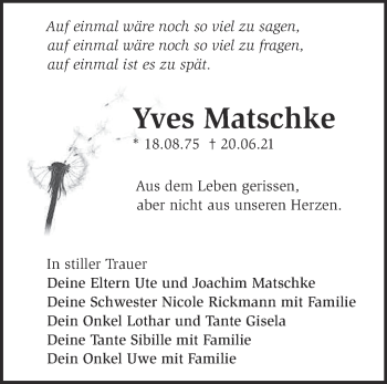 Traueranzeige von Yves Matschke von Märkische Oderzeitung