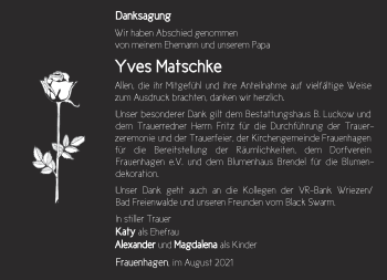 Traueranzeige von Yves Matschke von Märkische Oderzeitung