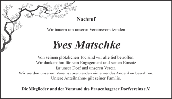 Traueranzeige von Yves Matschke von Märkische Oderzeitung