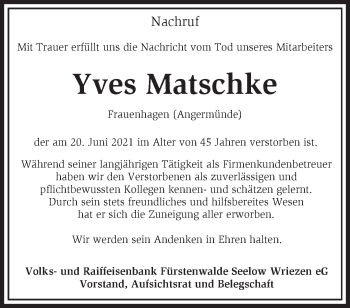 Traueranzeige von Yves Matschke von Märkische Oderzeitung