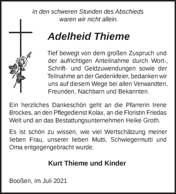 Traueranzeige von Adelheid Thieme von Märkische Oderzeitung