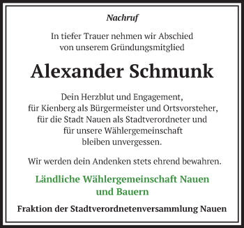 Traueranzeige von Alexander Schmunk von Märkische Oderzeitung