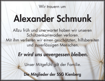 Traueranzeige von Alexander Schmunk von Märkische Oderzeitung