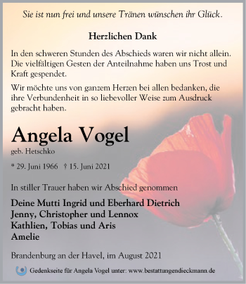 Traueranzeige von Angela Vogel von Märkische Oderzeitung