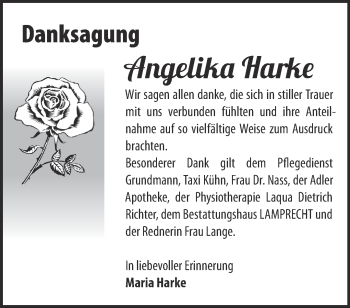 Traueranzeige von Angelika Harke von Märkische Oderzeitung