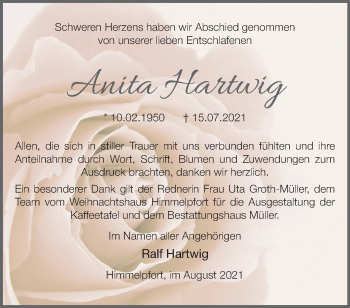 Traueranzeige von Anita Hartwig von Märkische Oderzeitung