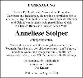 Traueranzeige von Anneliese Stolper von Märkische Oderzeitung