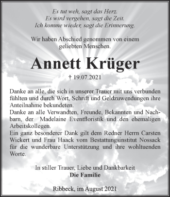 Traueranzeige von Annett Krüger von Märkische Oderzeitung