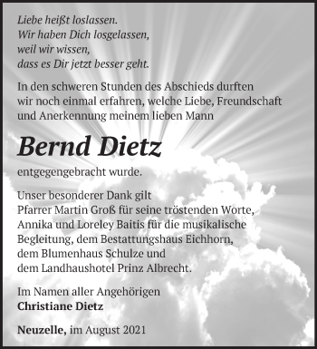 Traueranzeige von Bernd Dietz von Märkische Oderzeitung