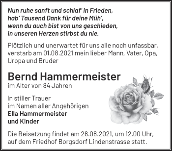 Traueranzeige von Bernd Hammermeister von Märkische Oderzeitung