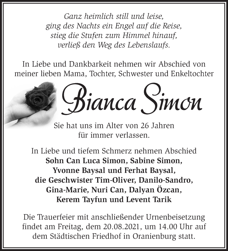  Traueranzeige für Bianca Simon vom 07.08.2021 aus Märkische Oderzeitung