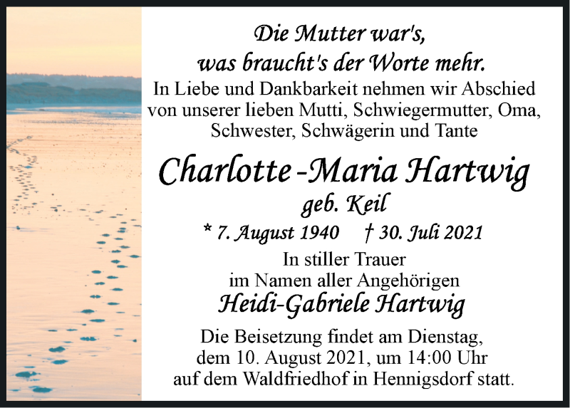  Traueranzeige für Charlotte-Maria Hartwig vom 07.08.2021 aus Märkische Oderzeitung