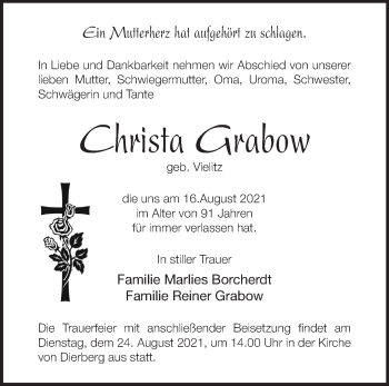 Traueranzeige von Christa Grabow von Märkische Oderzeitung