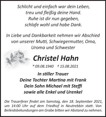 Traueranzeige von Christel Hahn von Märkische Oderzeitung