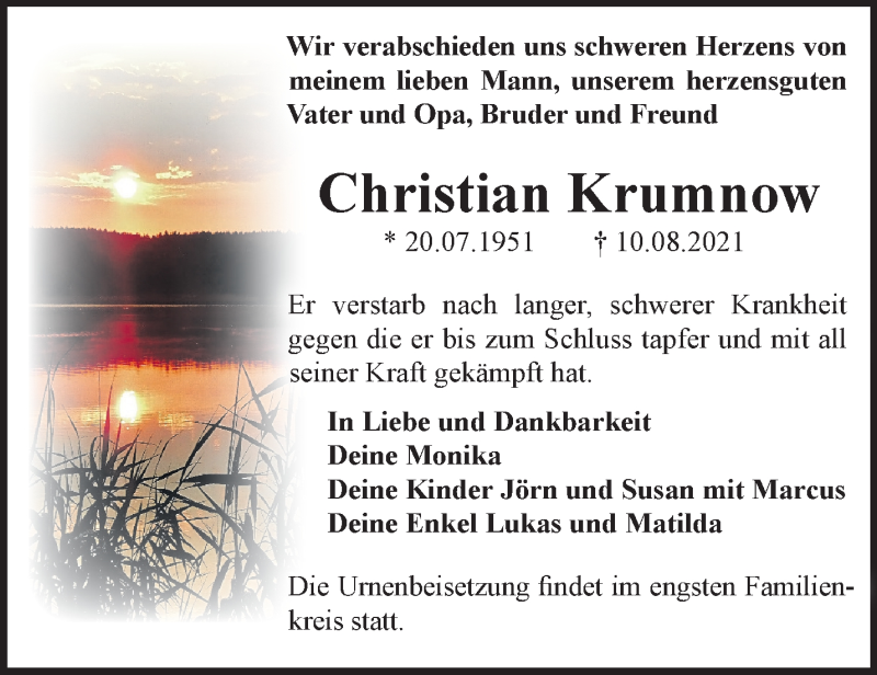  Traueranzeige für Christian Krumnow vom 21.08.2021 aus Märkische Oderzeitung