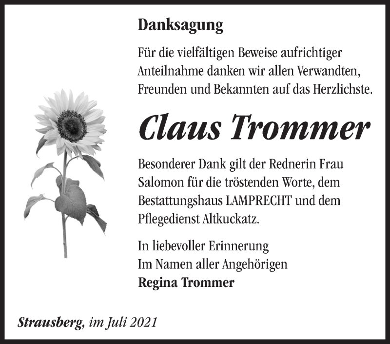  Traueranzeige für Claus Trommer vom 08.08.2021 aus Märkische Oderzeitung