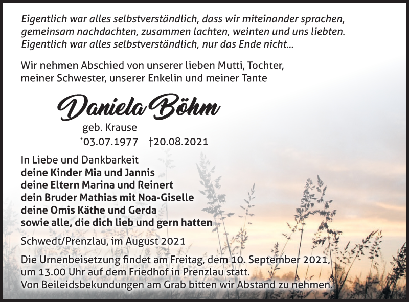  Traueranzeige für Daniela Böhm vom 27.08.2021 aus Märkische Oderzeitung