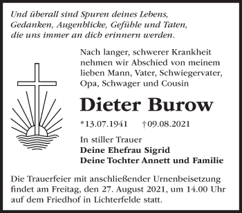 Traueranzeige von Dieter Burow von Märkische Oderzeitung