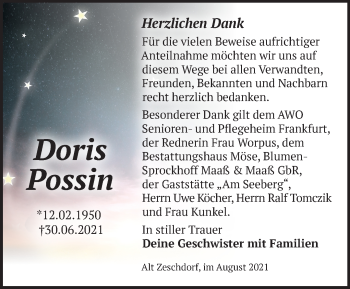 Traueranzeige von Doris Possin von Märkische Oderzeitung