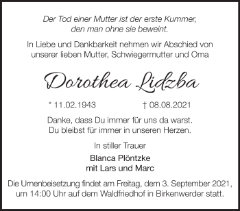 Traueranzeige von Dorothea Lidzba von Märkische Oderzeitung