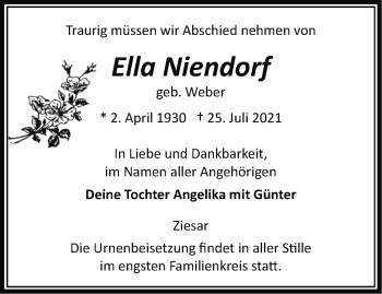 Traueranzeige von Ella Niendorf von Märkische Oderzeitung