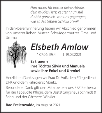 Traueranzeige von Elsbeth Amlow von Märkische Oderzeitung