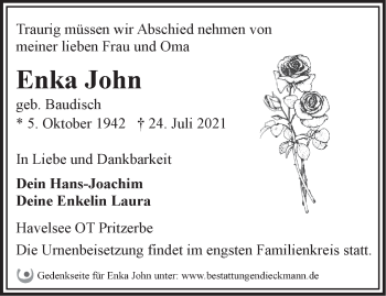 Traueranzeige von Enka John von Märkische Oderzeitung