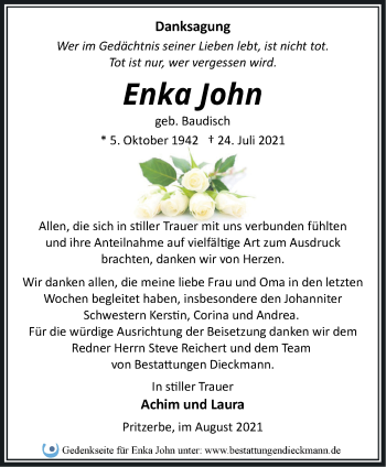 Traueranzeige von Enka John von Märkische Oderzeitung