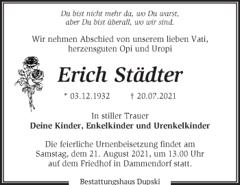 Traueranzeige von Erich Städter von Märkische Oderzeitung