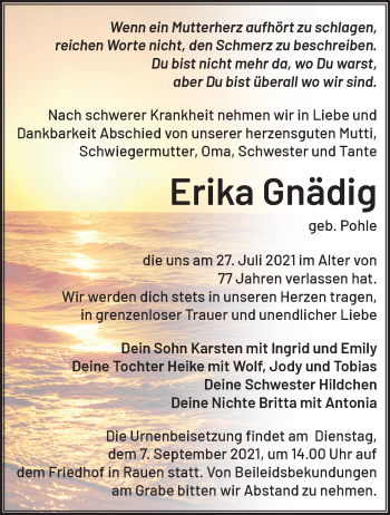 Traueranzeige von Erika Gnädig von Märkische Oderzeitung